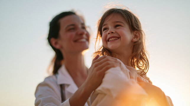Smiling Pediatrician Embracing Happy Little Girl Outdoors in Sunlight
