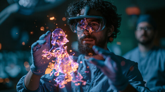 Surgeon Examining 3D Holographic Model Using Augmented Reality Glasses