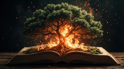 Fototapeta premium Magic tree grows from open book with bright orange flames. Burning mystical tree emerges from ancient pages. Fantasy concept of knowledge, wisdom, spiritual rebirth. Glowing light, sparks fly from