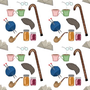 Senior Citizens Day Seamless Pattern with Walking Stick, Pipe, Jam Jars, and Knitting Yarn