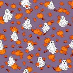 Obraz premium Autumn seamless pattern with maple leaves, pumpkins, and cheerful Halloween ghosts on a lilac background. Vector illustration.