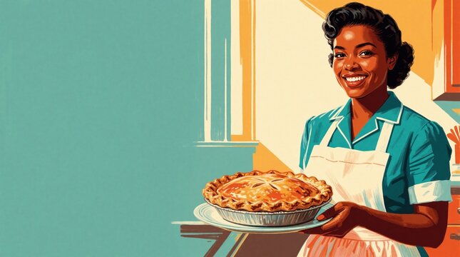 Smiling black housewife holds fresh baked apple pie in kitchen. Retro 1950s style vintage illustration shows happy woman in apron with tasty food. Pastel candy colors, wide copy space for text in