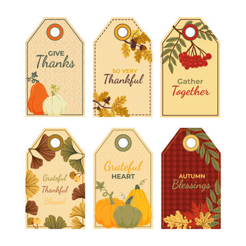 Thanksgiving tags collection. Set of decorative labels, gift tags, place cards for autumn holiday celebration