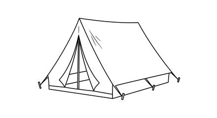 Line drawing depicts a camping tent with guy lines isolated on white © MDHOJAIFA