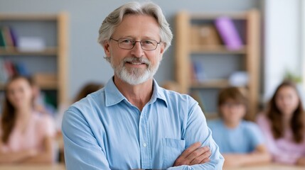 Obraz premium Smiling Male Teacher with Arms Crossed in Classroom with Students Blurred Background Natural Light