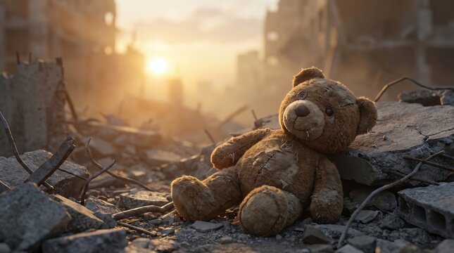 dirty abandoned teddy bear sitting in rubble of destroyed city at sunset. tragic war consequences and lost childhood concept. disaster background. banner, website header, poster design with copyspace.