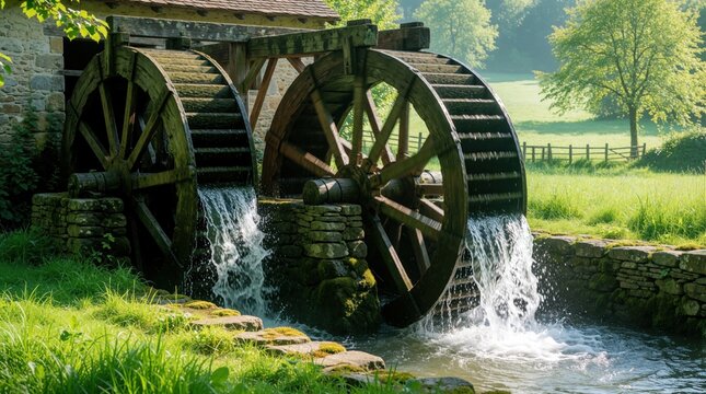 Historic watermill with dual wooden wheels turning water. Rustic stone building set in lush green countryside. Peaceful stream flows through verdant fields and trees.