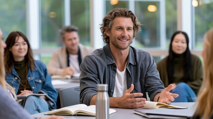 Fototapeta premium Smiling man in casual shirt leading discussion with diverse students in bright modern classroom setting