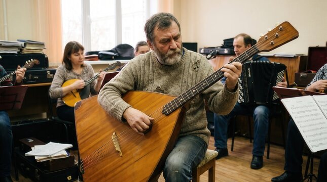 Senior Man Playing Bass Balalaika in Folk Orchestra. Concept of folk music, musician.