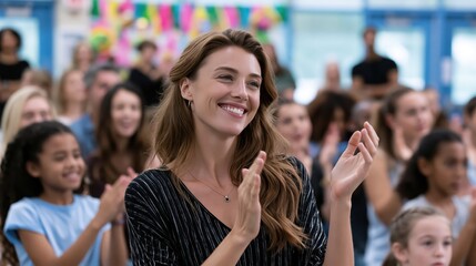 Obraz premium Smiling woman clapping with joy during a school event with children watching