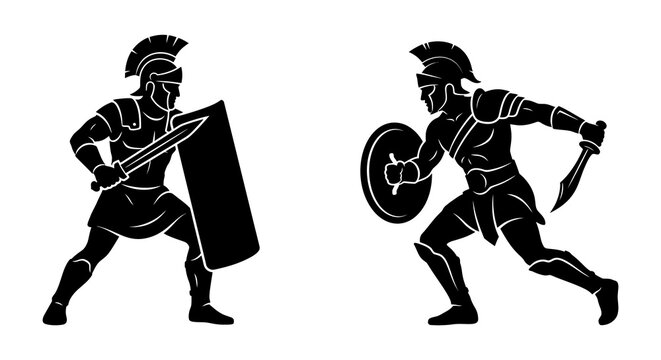 Ancient spartan warriors with shield and sword black silhouette illustration