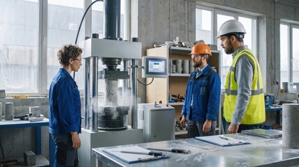 Fototapeta premium Engineers and Scientists Testing Concrete Strength in Laboratory. Concept of strength test, material testing, engineer. Copy space.