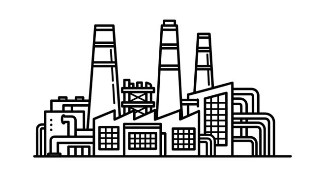 Industrial factory complex with smokestacks depicted as a linear vector illustration