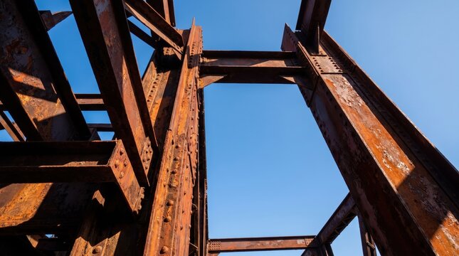 low angle view of rusty steel beams and metal girders against clear blue sky. industrial construction framework and aging infrastructure concept. banner, website header with copyspace.