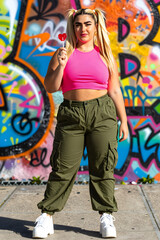 Fototapeta premium Wide shot of a woman in a pink crop top and baggy cargo pants holding a lollipop against a graffiti wall.