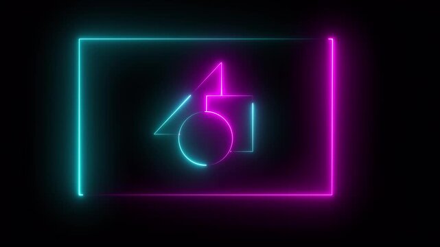 Neon geometric shapes animation with glowing pink and blue light frame border abstract