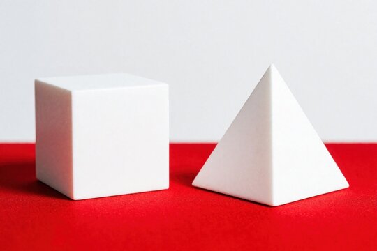 White cube and triangular pyramid stand on a red surface against a grey backdrop. Simple geometric forms display clean lines and solid shapes, offering abstract composition.