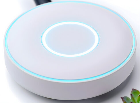 Extreme close-up of the glowing LED indicator and matte white plastic of a mesh router.
