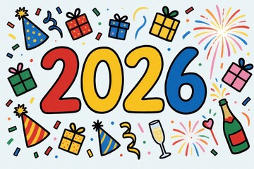 Fototapeta premium Colorful doodle illustration with 2026 digits for new year. Festive celebration includes gifts, party hats, fireworks, champagne toast, confetti. Playful greeting card design on light background for