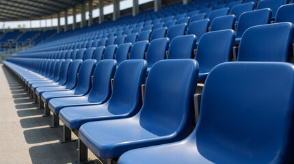 Fototapeta premium Empty Blue Plastic Stadium Seats in Bleachers Row at Modern Sports Arena Grandstand