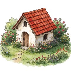 Fototapeta premium Charming small cottage with red tiled roof, stone walls in green garden. Cute whimsical house surrounded by colorful spring flowers, bushes, plants. Hand drawn watercolor style illustration for