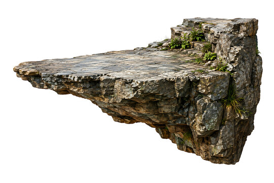 Floating rocky cliff platform with stone surface isolated on white background