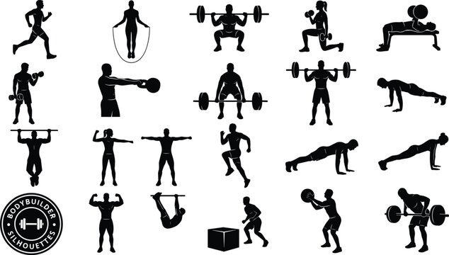 Fitness Gym Silhouette Collection with Bodybuilders and Athletes Doing Various Workout Exercises Vector Illustration