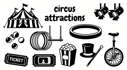 circus attractions featuring big top tents colorful flags juggling balls hoops trapeze equipment circus rings spotlights ticket booths and entertainment for family entertainment festivals performances © samira