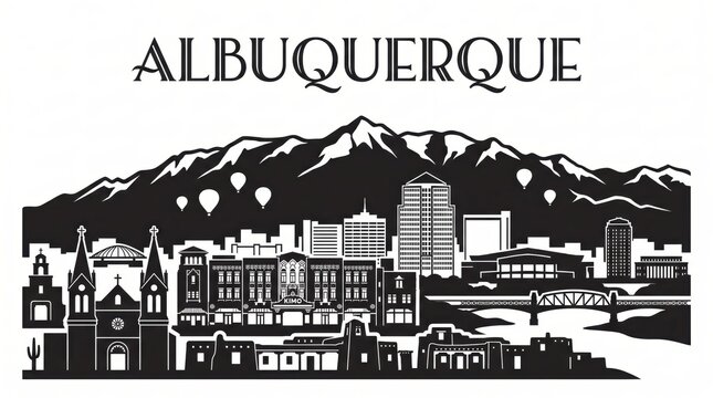 Highly detailed Albuquerque, New Mexico skyline silhouette featuring the Sandia Mountains, Pueblo Deco architecture, Old Town adobe buildings, Rio Grande bridges and elegant ALBUQUERQUE lettering.
