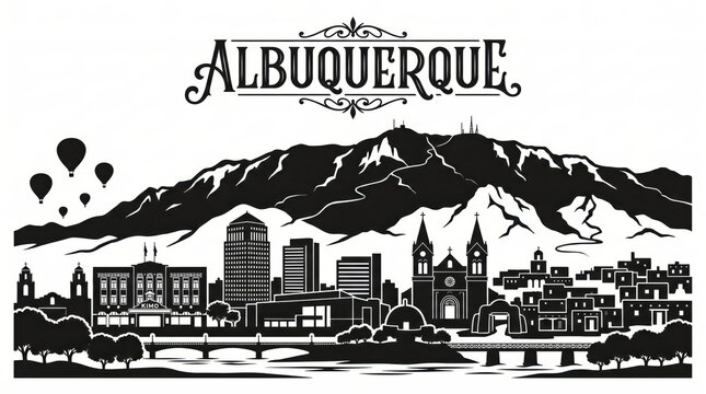 Highly detailed Albuquerque, New Mexico skyline silhouette featuring the Sandia Mountains, Pueblo Deco architecture, Old Town adobe buildings, Rio Grande bridges and elegant ALBUQUERQUE lettering.