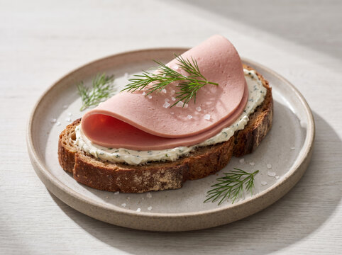 Open face sandwich with cream cheese and sliced bologna sausage on rye bread