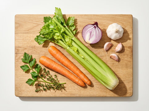 Mirepoix ingredients with celery, carrots, onion, garlic, and herbs on a board