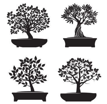 Black shape Bonsai Trees. Outline Illustration.