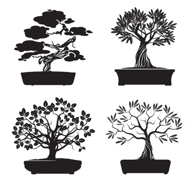 Black shape Bonsai Trees. Outline Illustration.