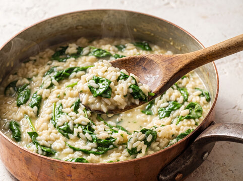 Creamy spinach risotto in a copper pan with a wooden spoon