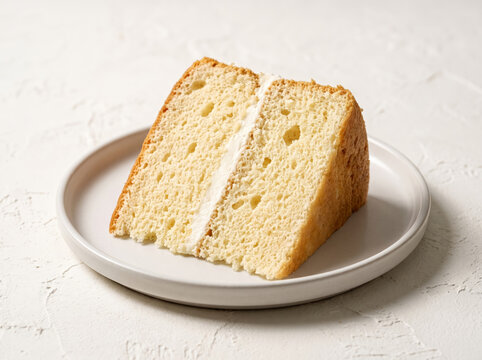 Slice of layered vanilla sponge cake with white cream on a plate
