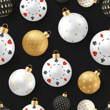 Christmas ornaments with poker chip design and gold baubles creating a festive pattern for a casino holiday banner.