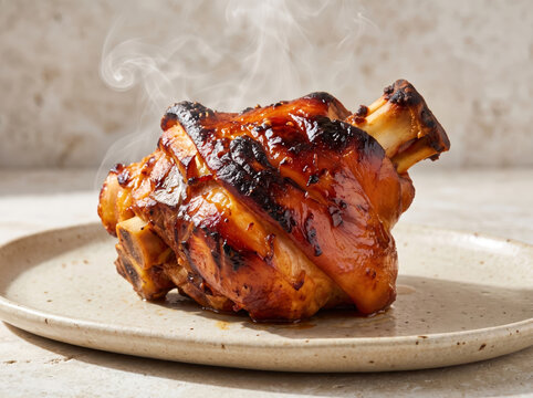 Hot roasted glazed pork knuckle with steam rising on a ceramic plate