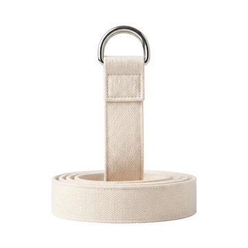 Roll of beige cotton yoga strap with metal D-ring buckle