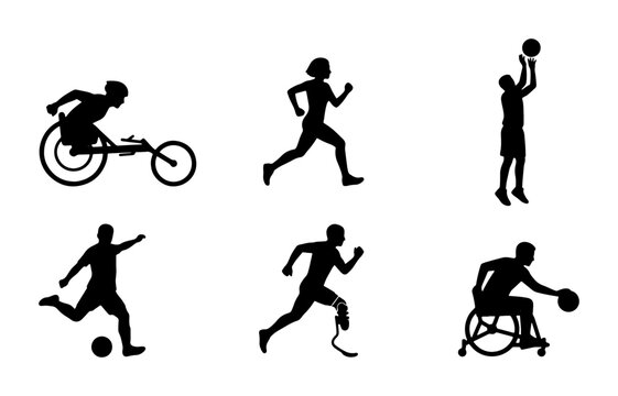 Diverse Sports Silhouettes: Wheelchair Racing, Running, Basketball, Soccer, Amputee Runner, Wheelchair Basketball, Adaptive Athletes, Inclusive Sports Vector Icons