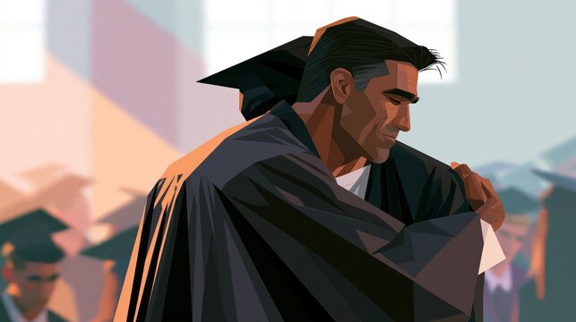 Two men in graduation gowns embracing during a commencement ceremony with soft natural light and a blurred background of students