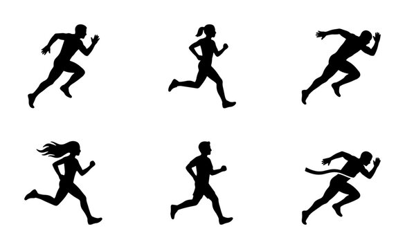 Runner Silhouettes Collection: Dynamic Male & Female Athletes in Motion, Sprinting, Winning Race Vector Icons