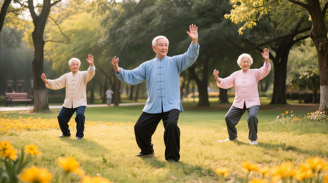 Active senior citizens practicing tai chi in public park. Elderly Asian group performing qigong exercises for health and longevity.