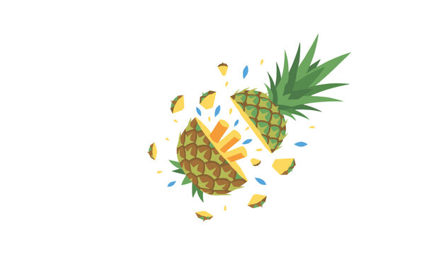 Dynamic graphic shows a stylized pineapple exploding into various yellow fruit chunks and blue water droplets on a plain white background.
