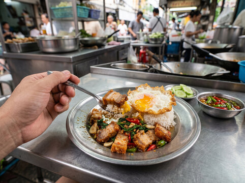 First person POV eating Pad Kra Pao Moo Krob with crispy fried egg at busy Thai street food stall