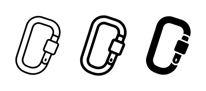 Carabiner Icons Set: Climbing Gear, Safety Clips, and Outdoor Equipment Vector Illustrations
