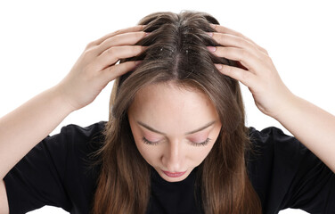 Fototapeta premium Dandruff problem. Woman examining her head on white background, above view