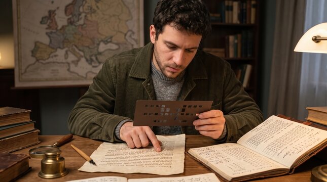 Focused Man Deciphering Secret Code with Grille Cipher Grille in Vintage Study Room. Concept of codebreaker, secret agent, spy.