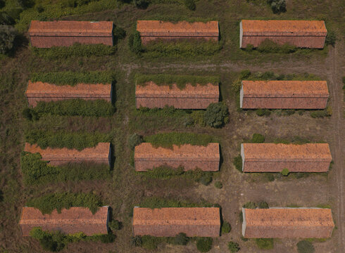 Aerial view of abandoned worker dormitories on an industrial facility in Portugal.