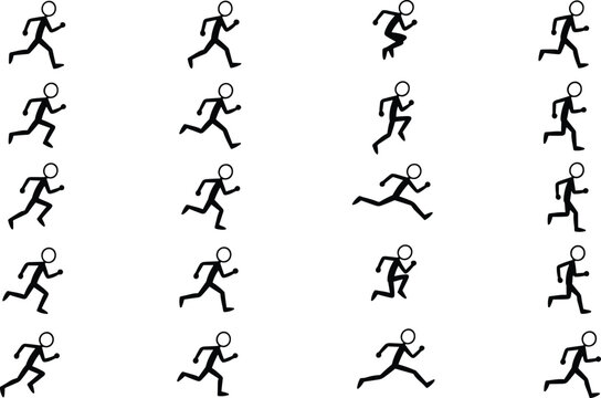 Running Stick Figure Animation Frame Set Featuring Jogging and Sprinting Motion Sequences